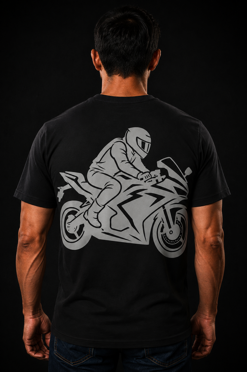 Velocity King reflective sport bike rider graphic on black tee
