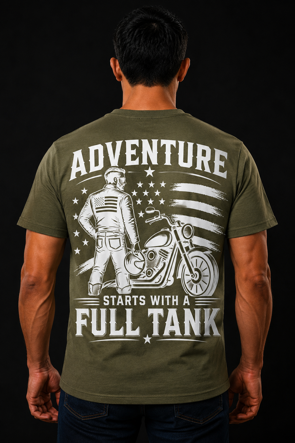 Adventure Starts with a Full Tank reflective graphic on military green tee