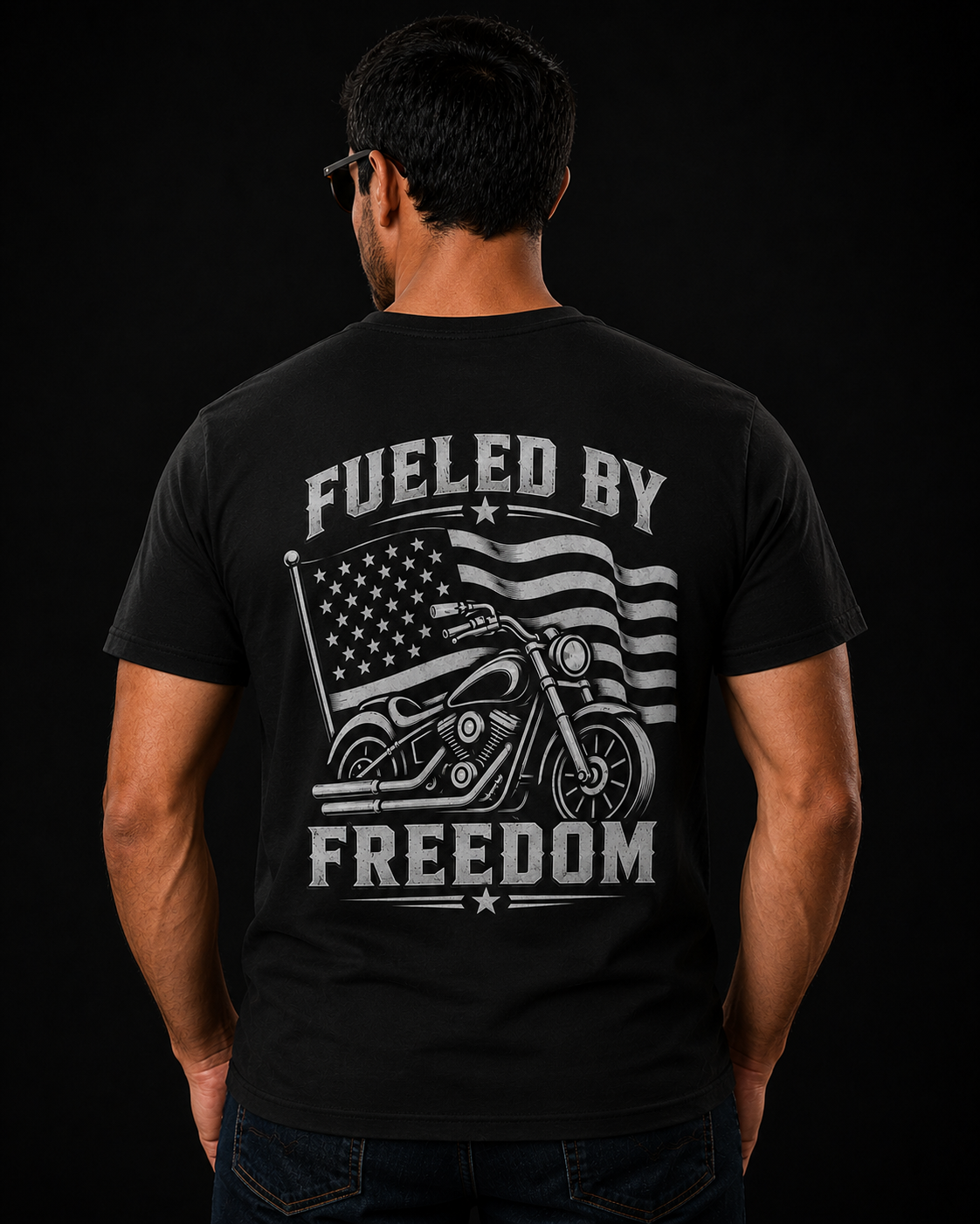 Fueled by Freedom reflective chopper and flag graphic on black tee