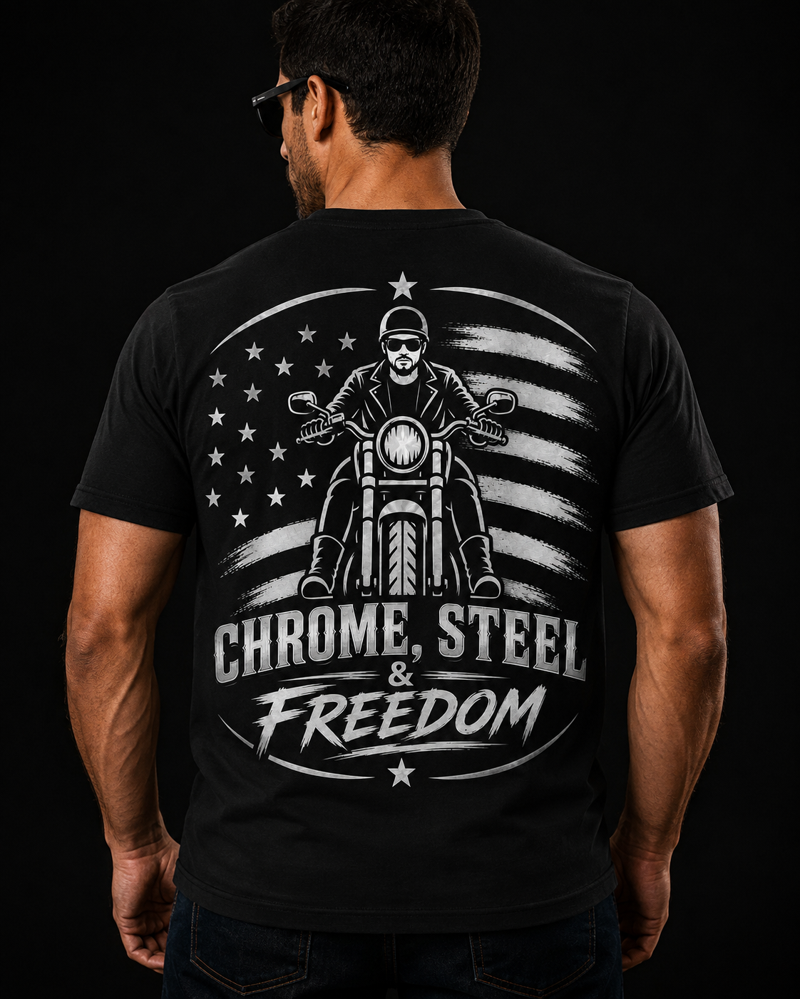 Chrome Steel and Freedom reflective motorcycle graphic on black tee