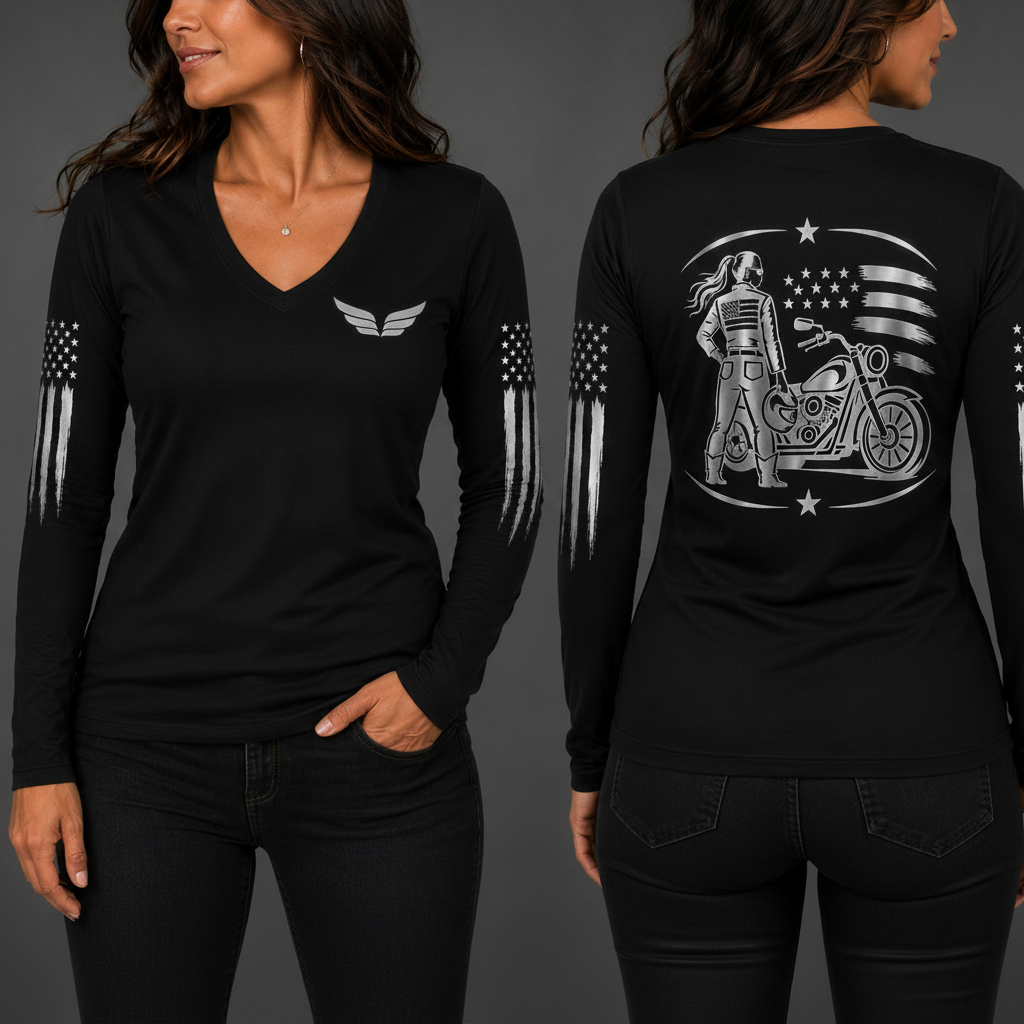 Freedom Machine black long sleeve reflective tee - front and back