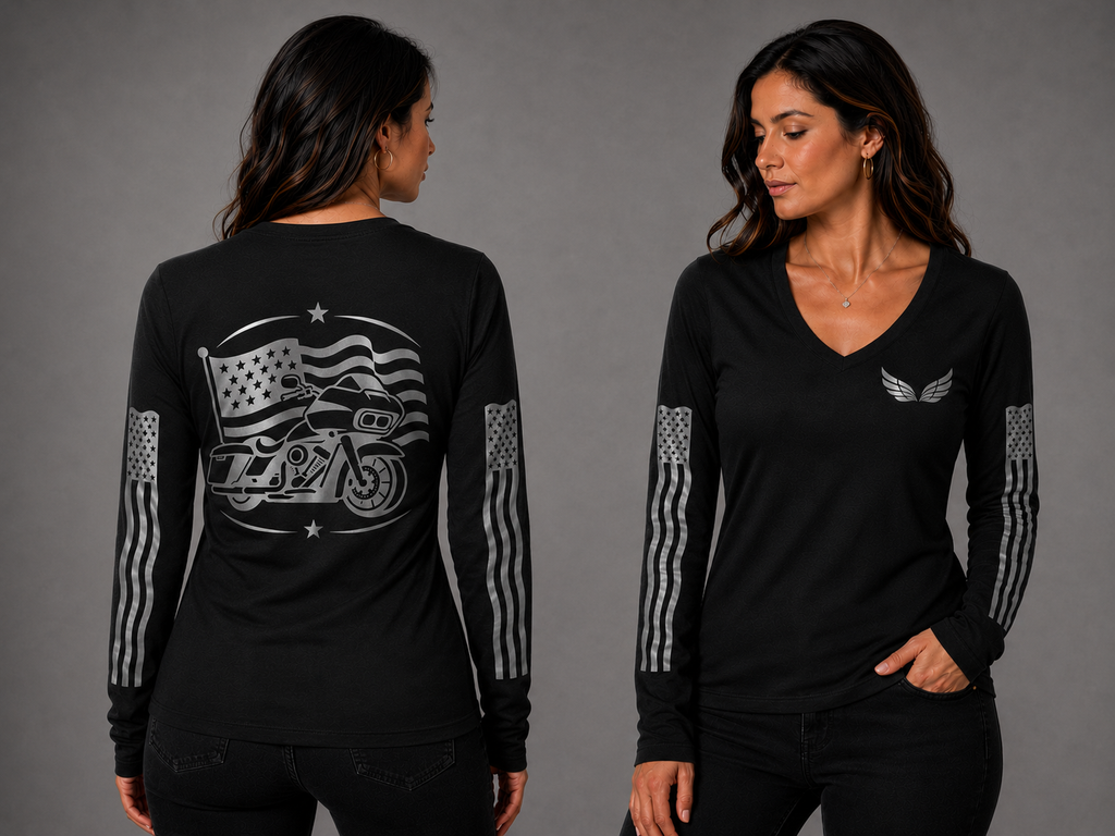 Chrome Dreams black long sleeve reflective tee - front and back with model