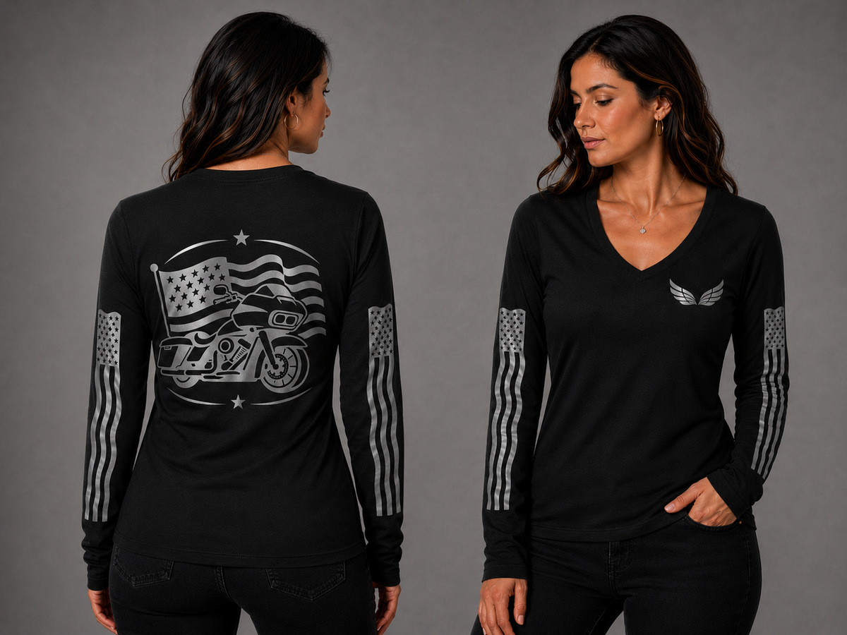 Chrome Dreams black long sleeve reflective tee - front and back with model