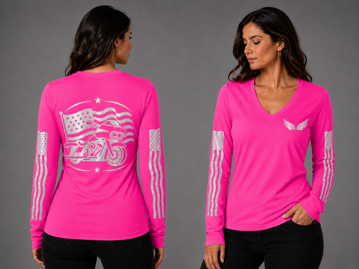 Chrome Dreams neon pink long sleeve reflective tee - front and back with model