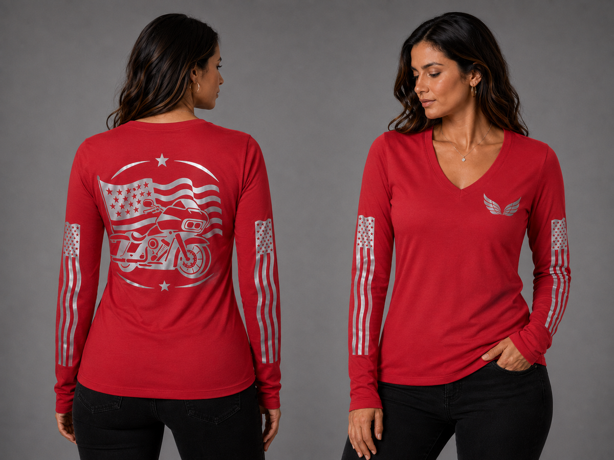 Chrome Dreams red long sleeve reflective tee - front and back with model