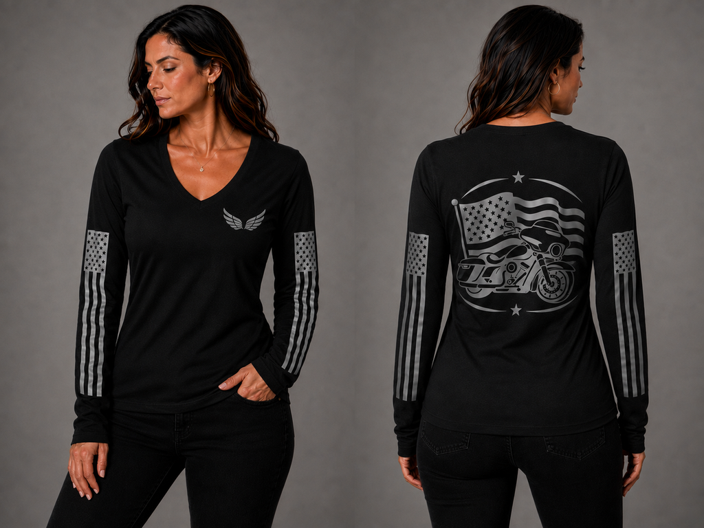 Street Beauty black long sleeve reflective tee - front and back with model
