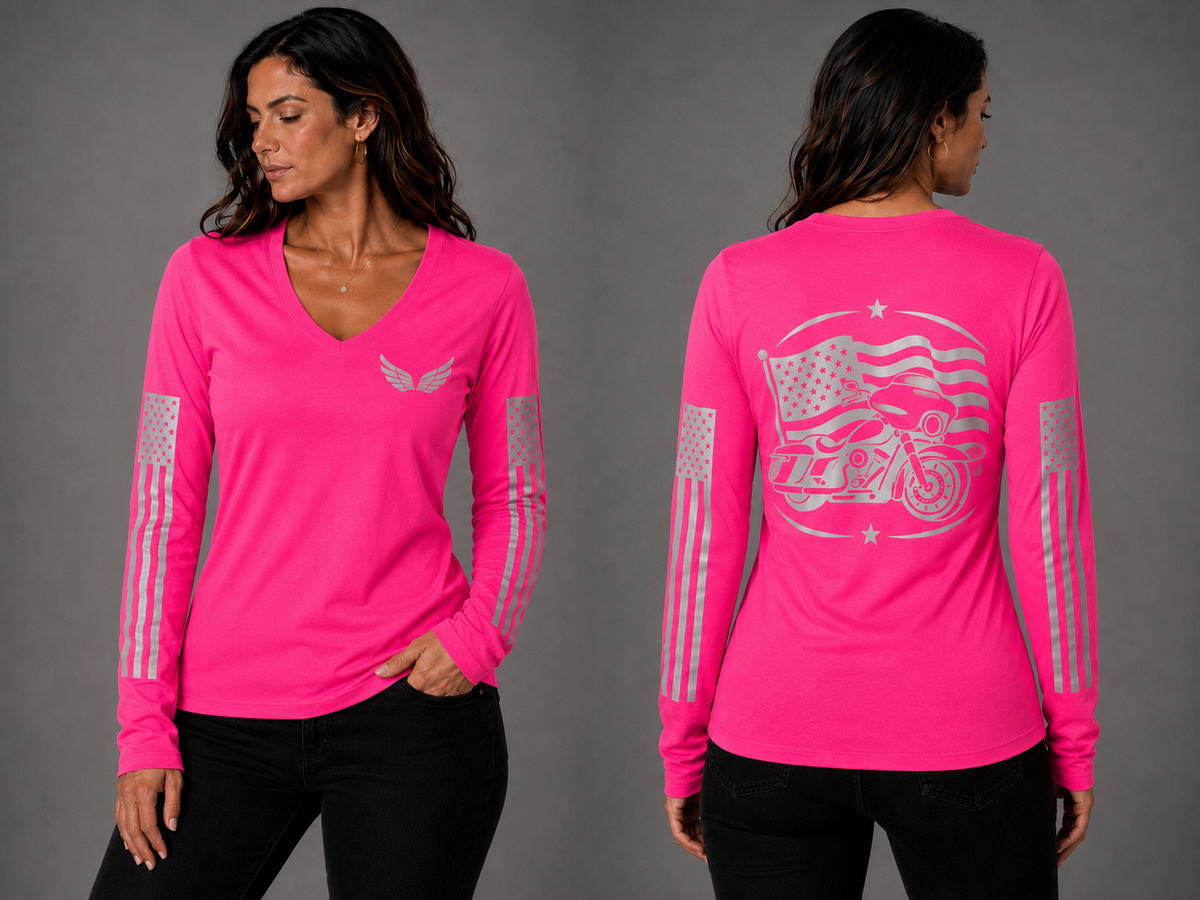 Street Beauty neon pink long sleeve reflective tee - front and back with model