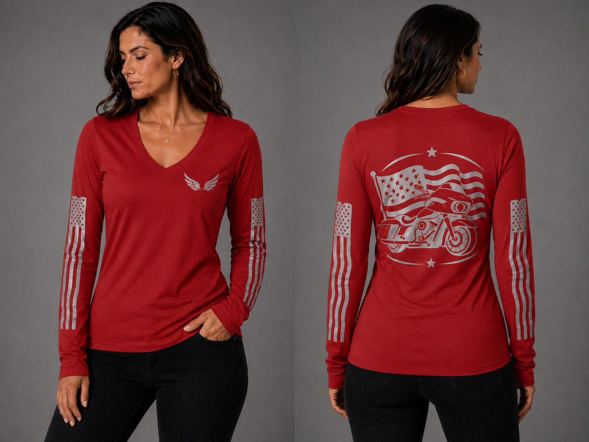 Street Beauty red long sleeve reflective tee - front and back with model
