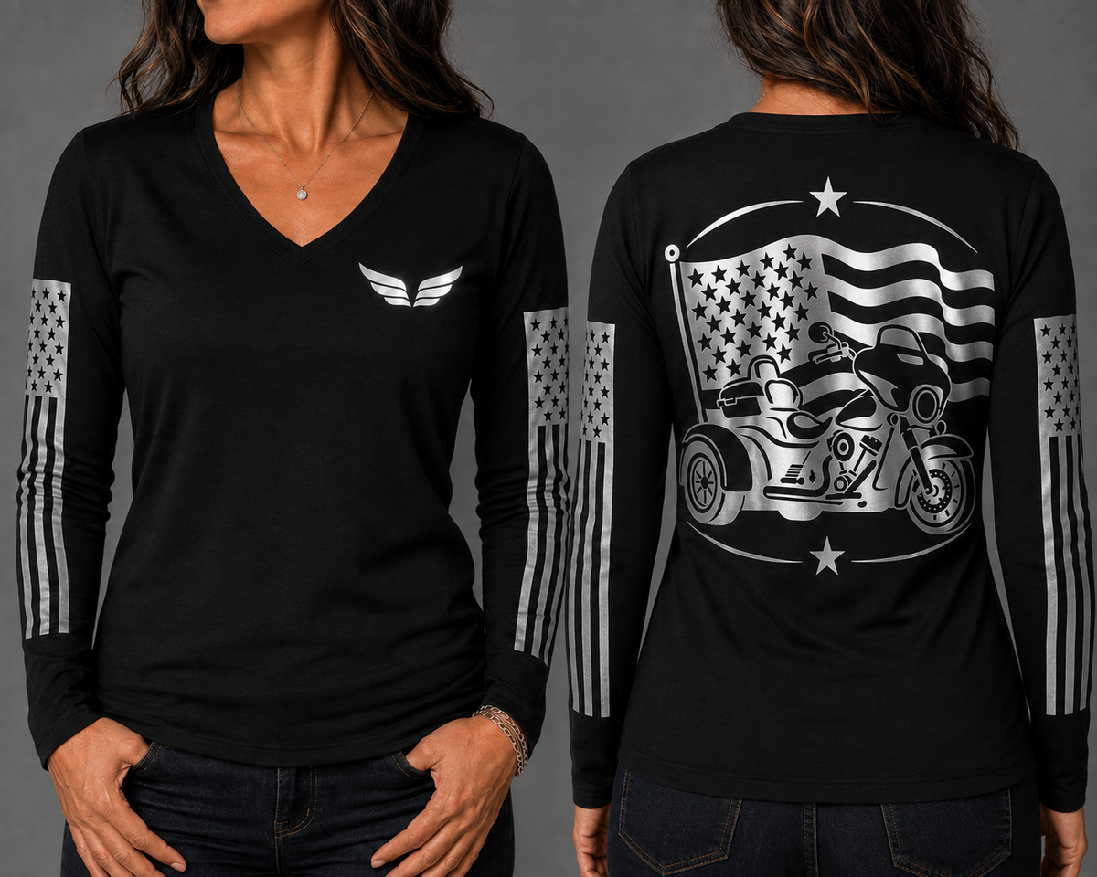 Freedom on Three black long sleeve reflective tee - front and back with model