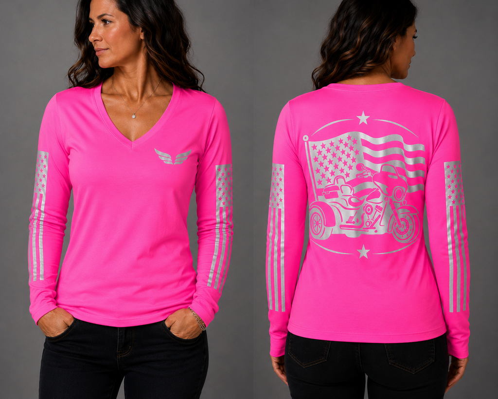 Freedom on Three neon pink long sleeve reflective tee - front and back with model