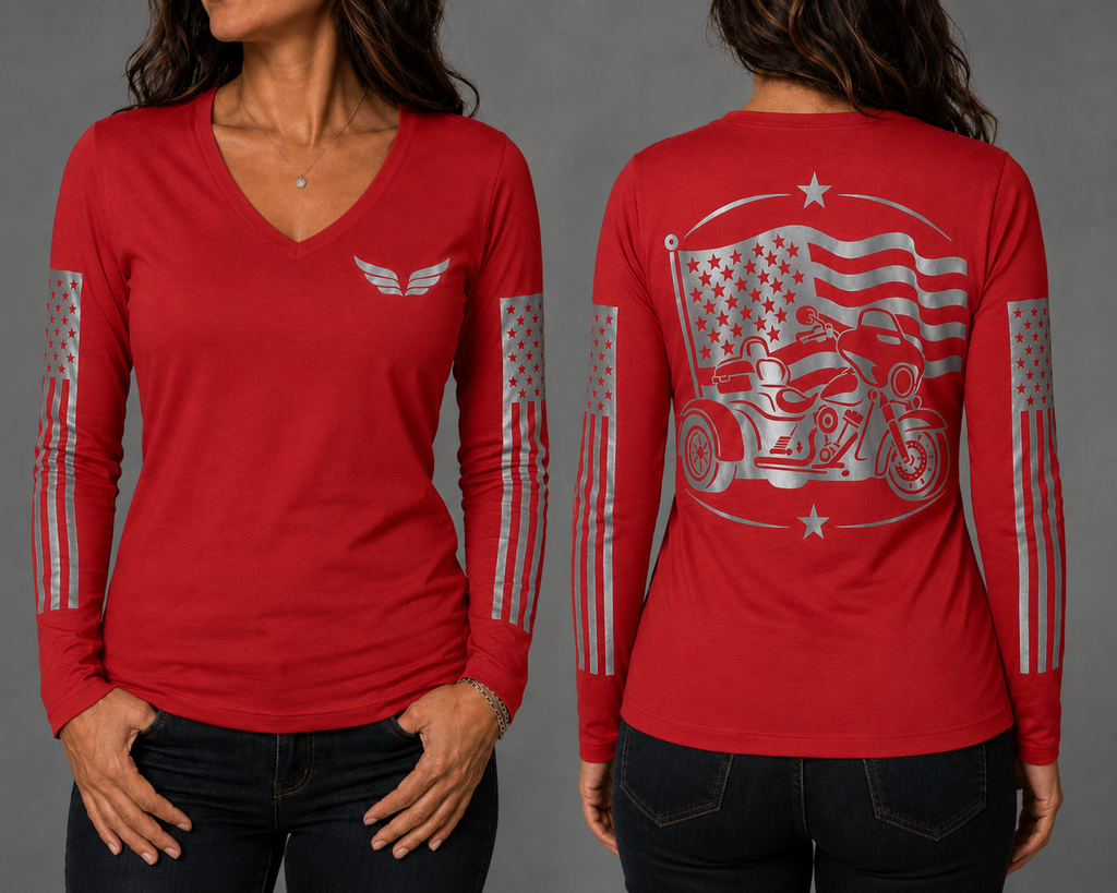 Freedom on Three red long sleeve reflective tee - front and back with model