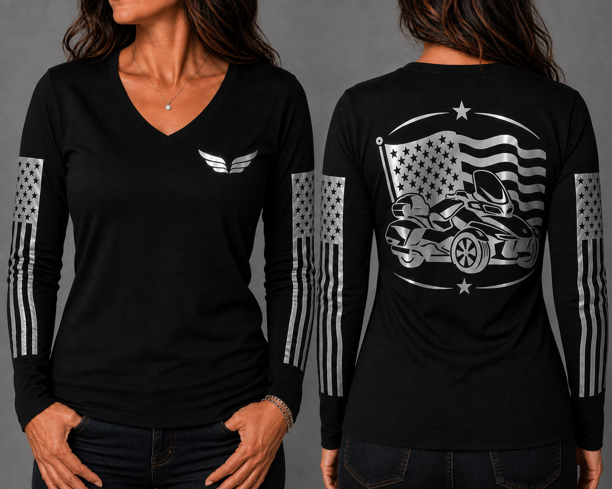 Three Wheel Freedom black long sleeve reflective tee - front and back with model