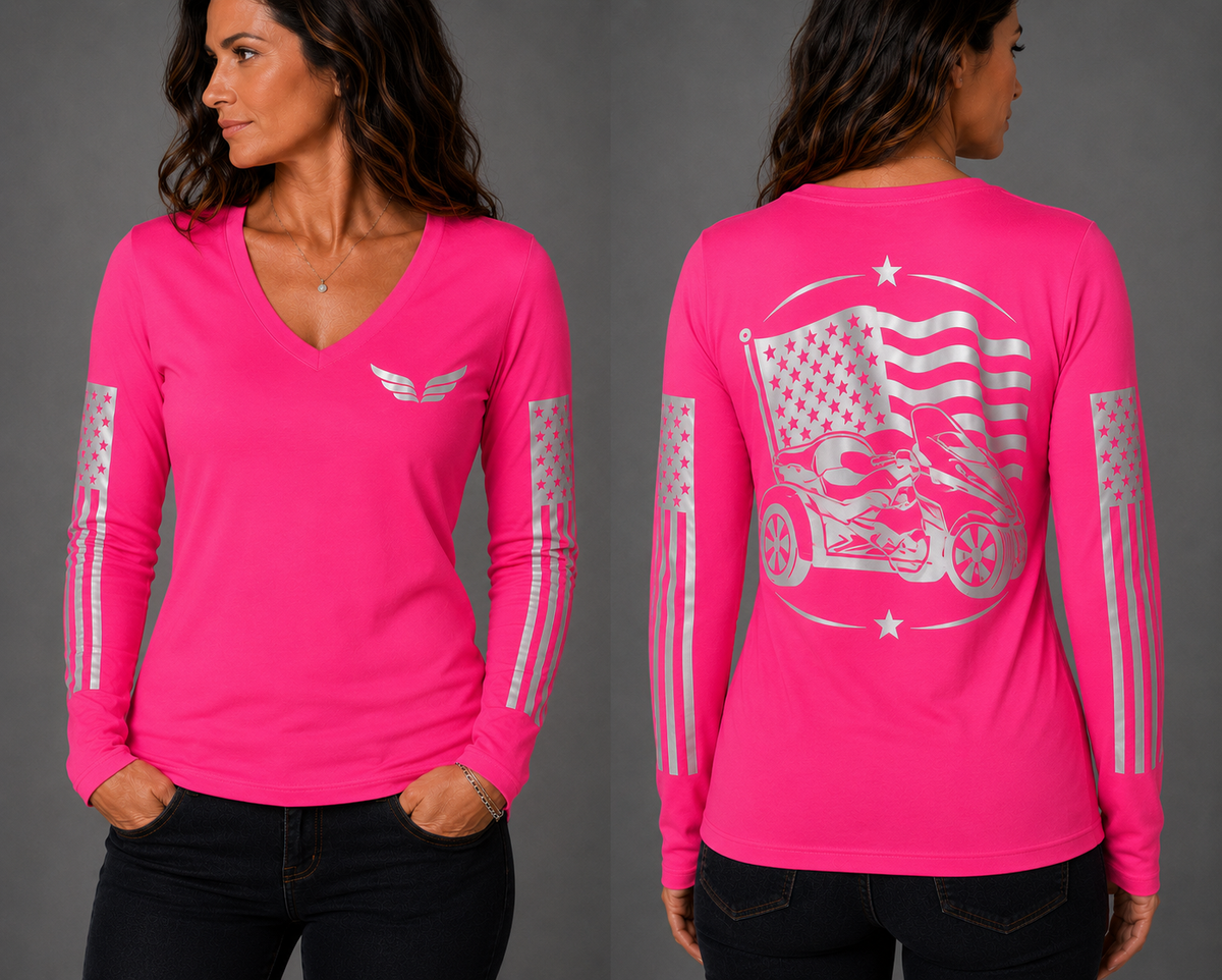 Three Wheel Freedom neon pink long sleeve reflective tee - front and back with model