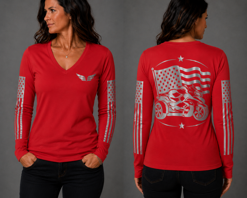 Three Wheel Freedom red long sleeve reflective tee - front and back with model
