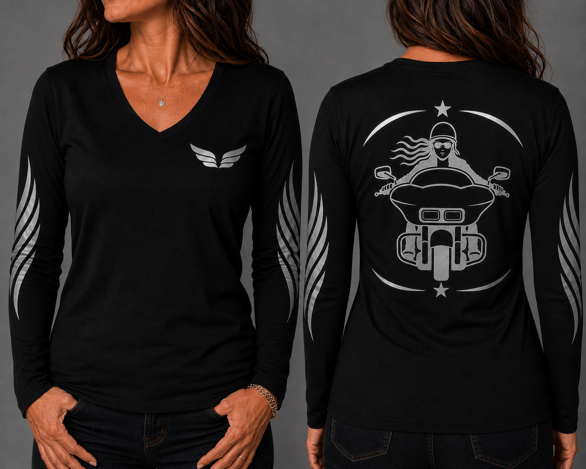 Road Queen black long sleeve reflective tee - front and back with model