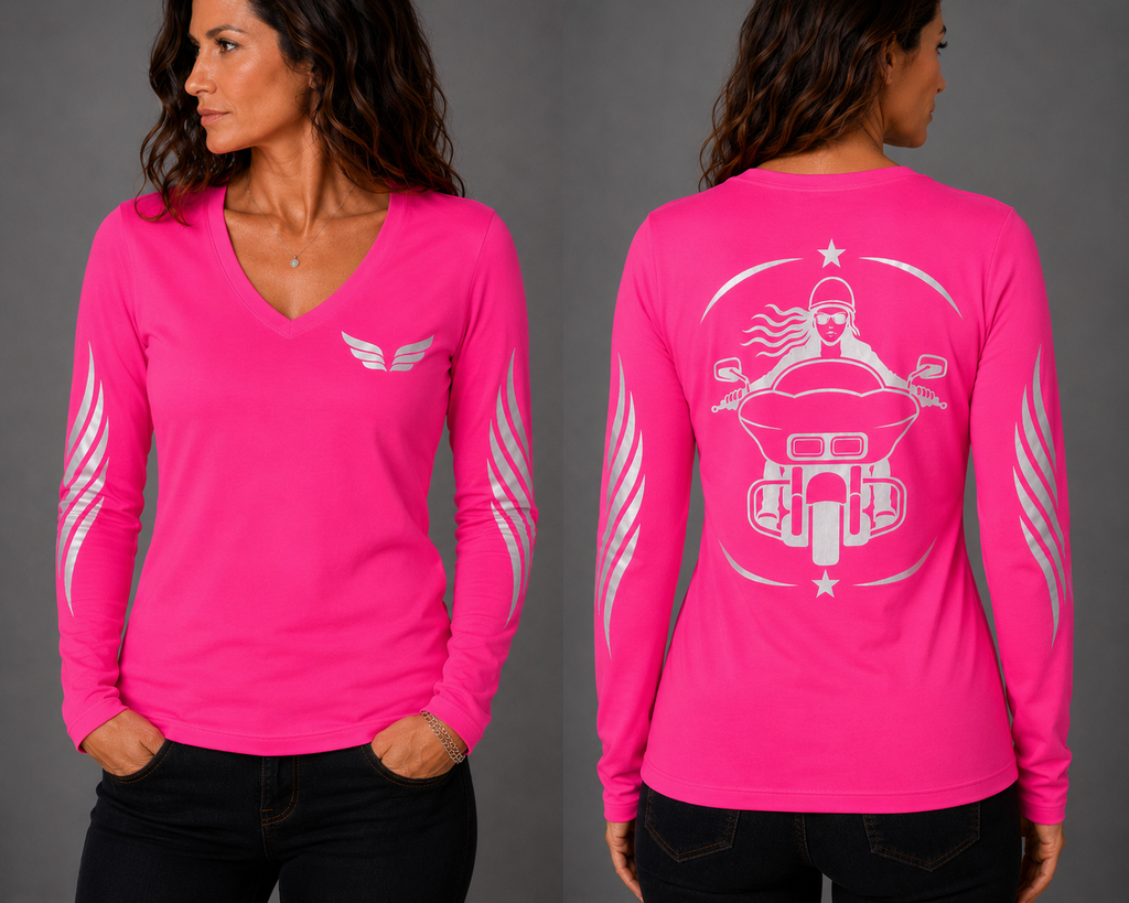 Road Queen neon pink long sleeve reflective tee - front and back with model