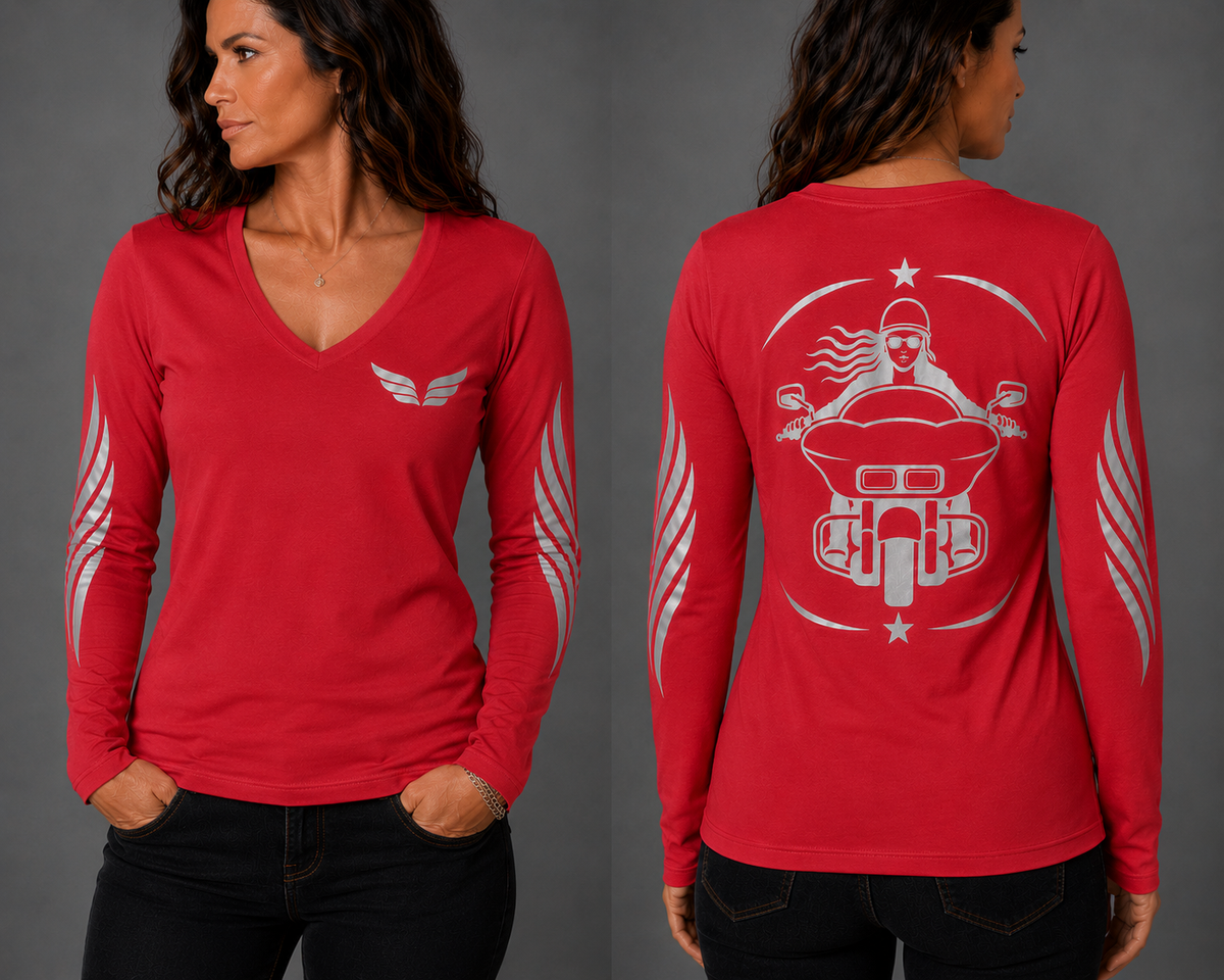 Road Queen red long sleeve reflective tee - front and back with model