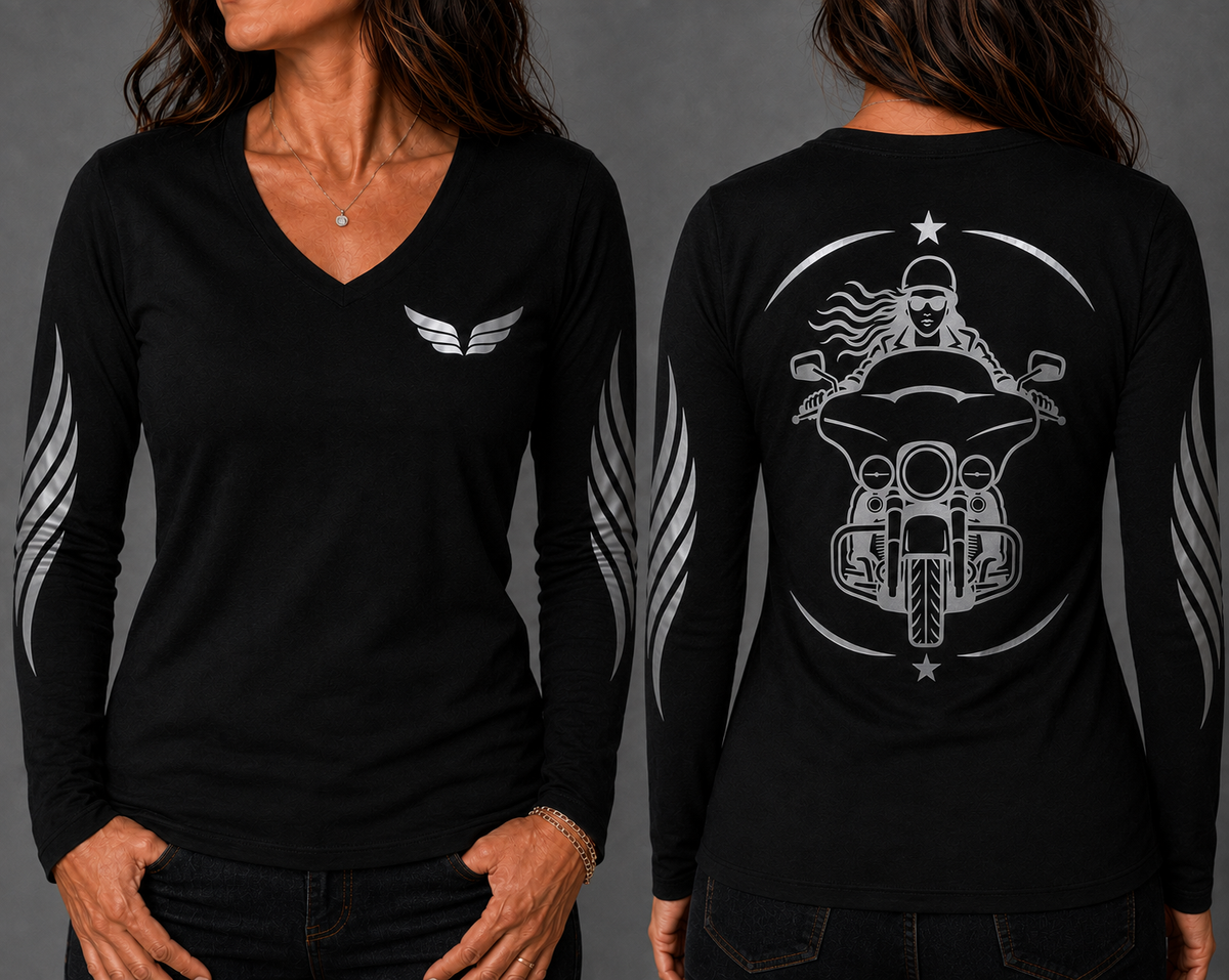 Street Queen black long sleeve reflective tee - front and back with model