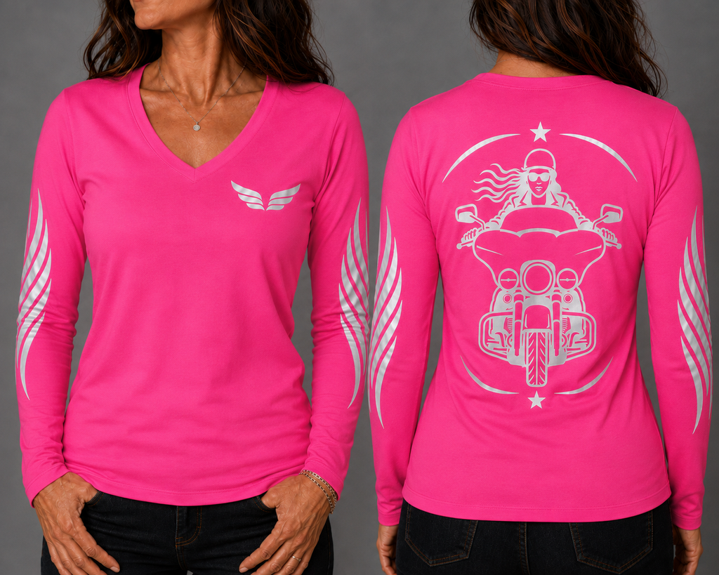 Street Queen neon pink long sleeve reflective tee - front and back with model