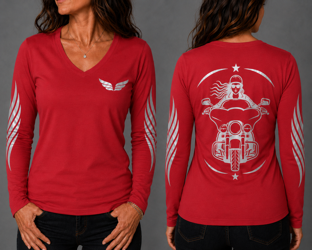 Street Queen red long sleeve reflective tee - front and back with model