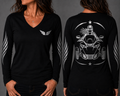 Ride Beyond black long sleeve reflective tee - front and back with model