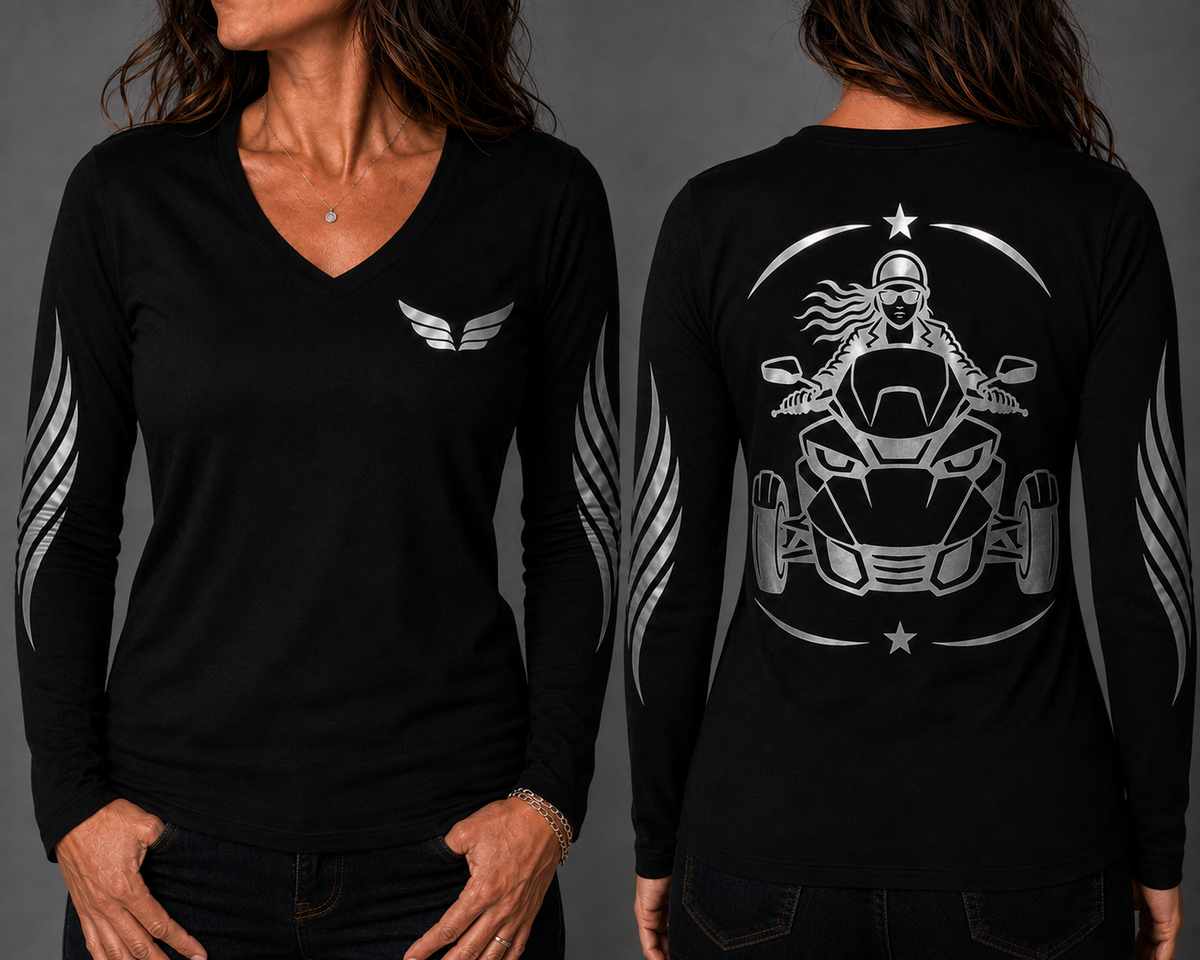 Ride Beyond black long sleeve reflective tee - front and back with model