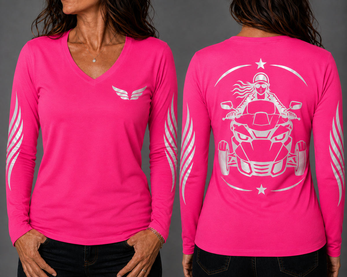 Ride Beyond neon pink long sleeve reflective tee - front and back with model