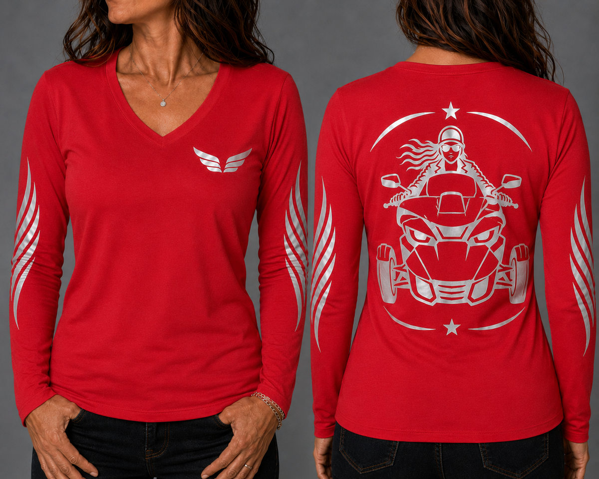 Ride Beyond red long sleeve reflective tee - front and back with model