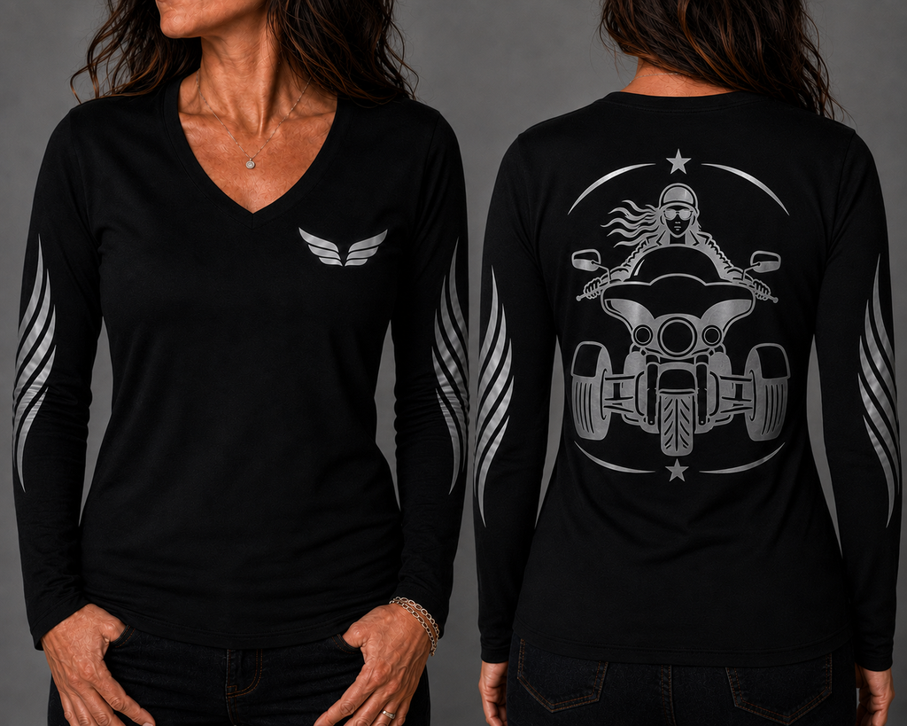 Three Wheel Adventure black long sleeve reflective tee - front and back with model