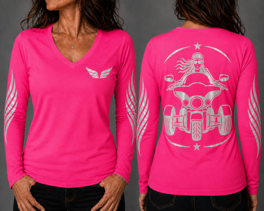 Three Wheel Adventure neon pink long sleeve reflective tee - front and back with model