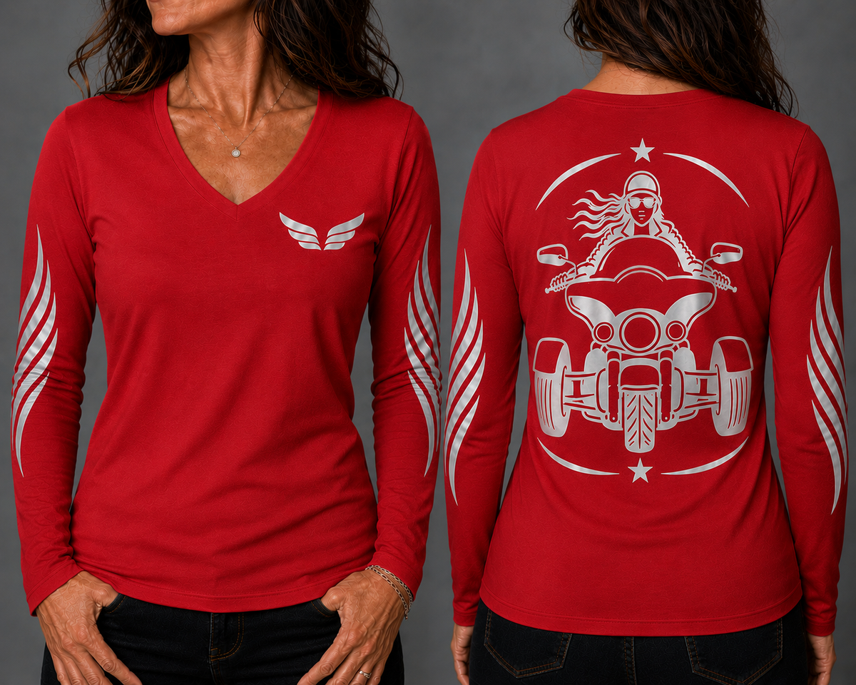 Three Wheel Adventure red long sleeve reflective tee - front and back with model