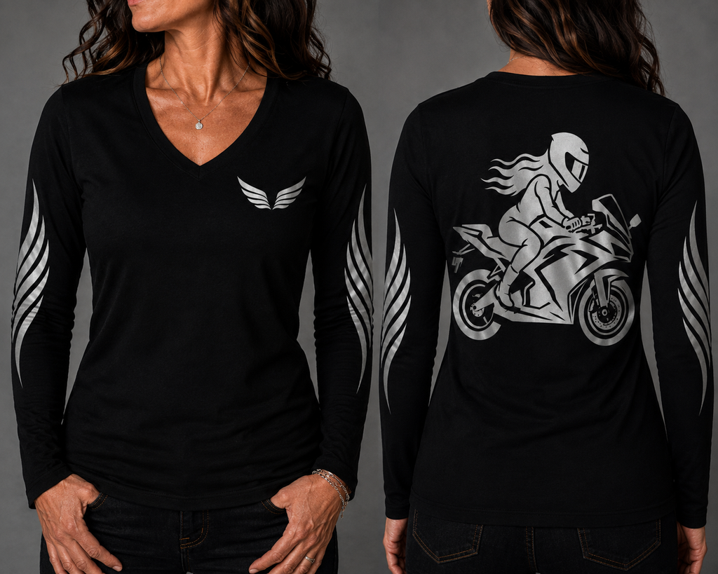 Velocity Queen black long sleeve reflective tee - front and back with model