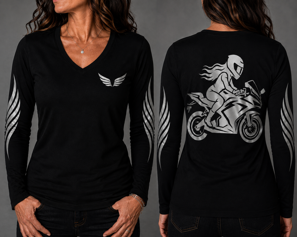 Velocity Queen black long sleeve reflective tee - front and back with model