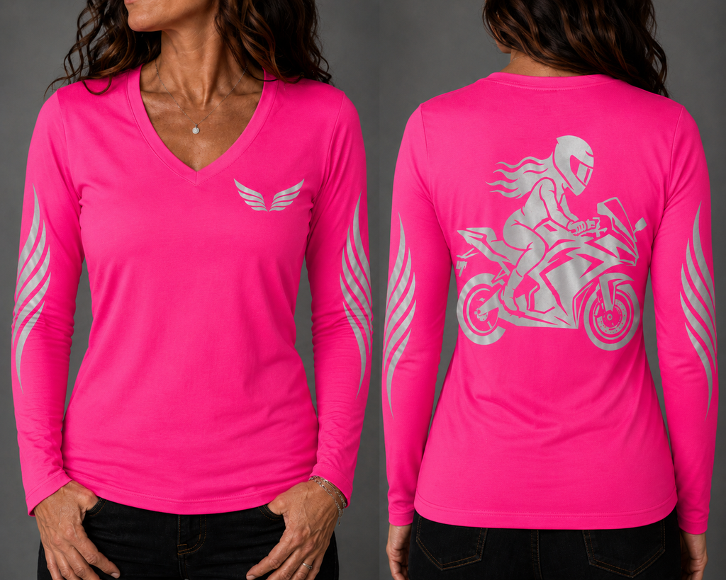 Velocity Queen neon pink long sleeve reflective tee - front and back with model