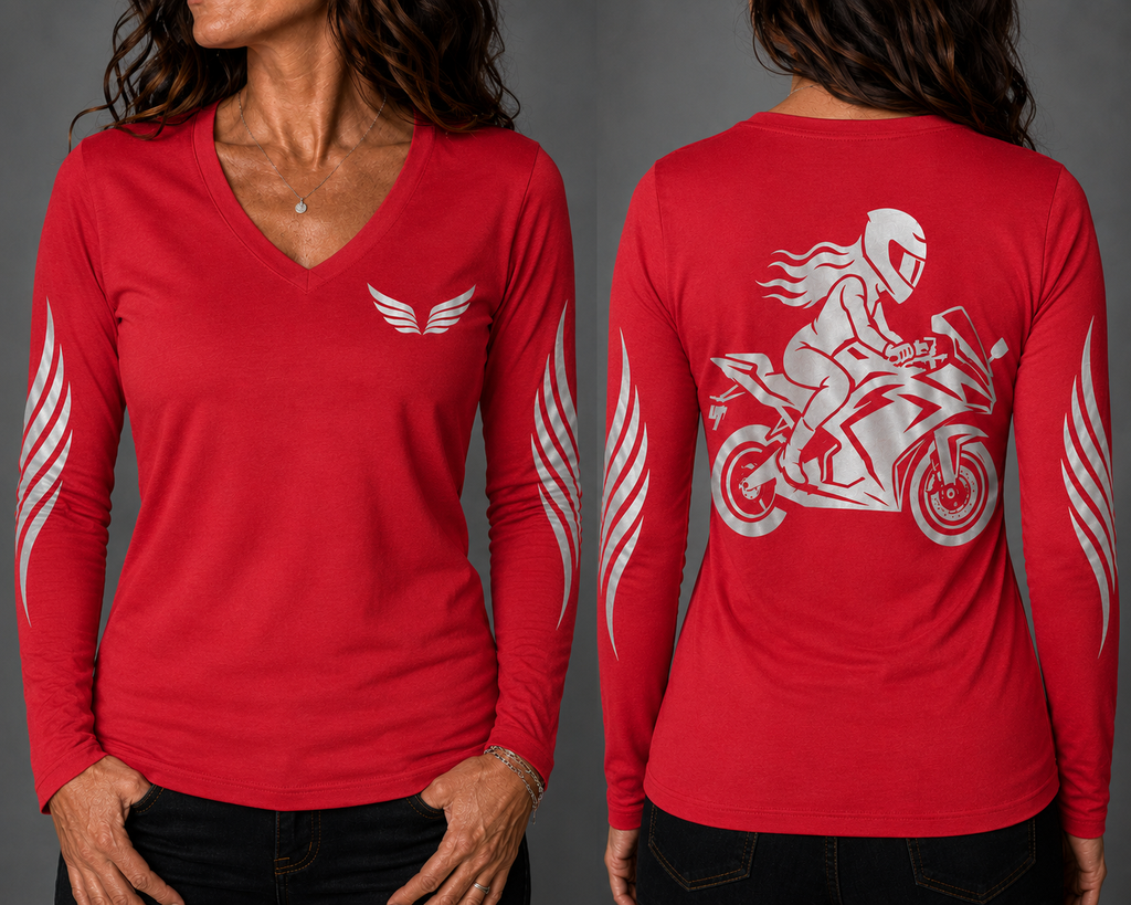 Velocity Queen red long sleeve reflective tee - front and back with model