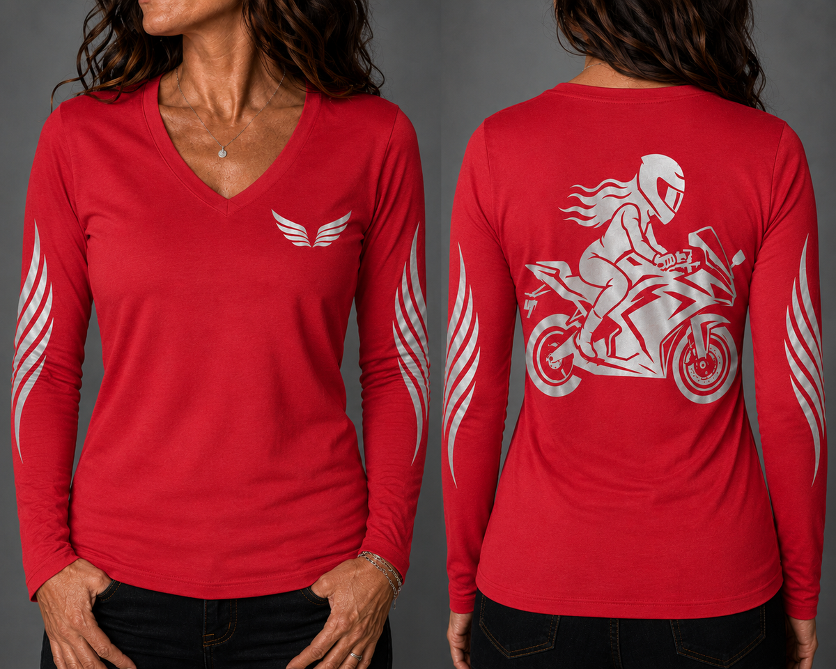 Velocity Queen red long sleeve reflective tee - front and back with model