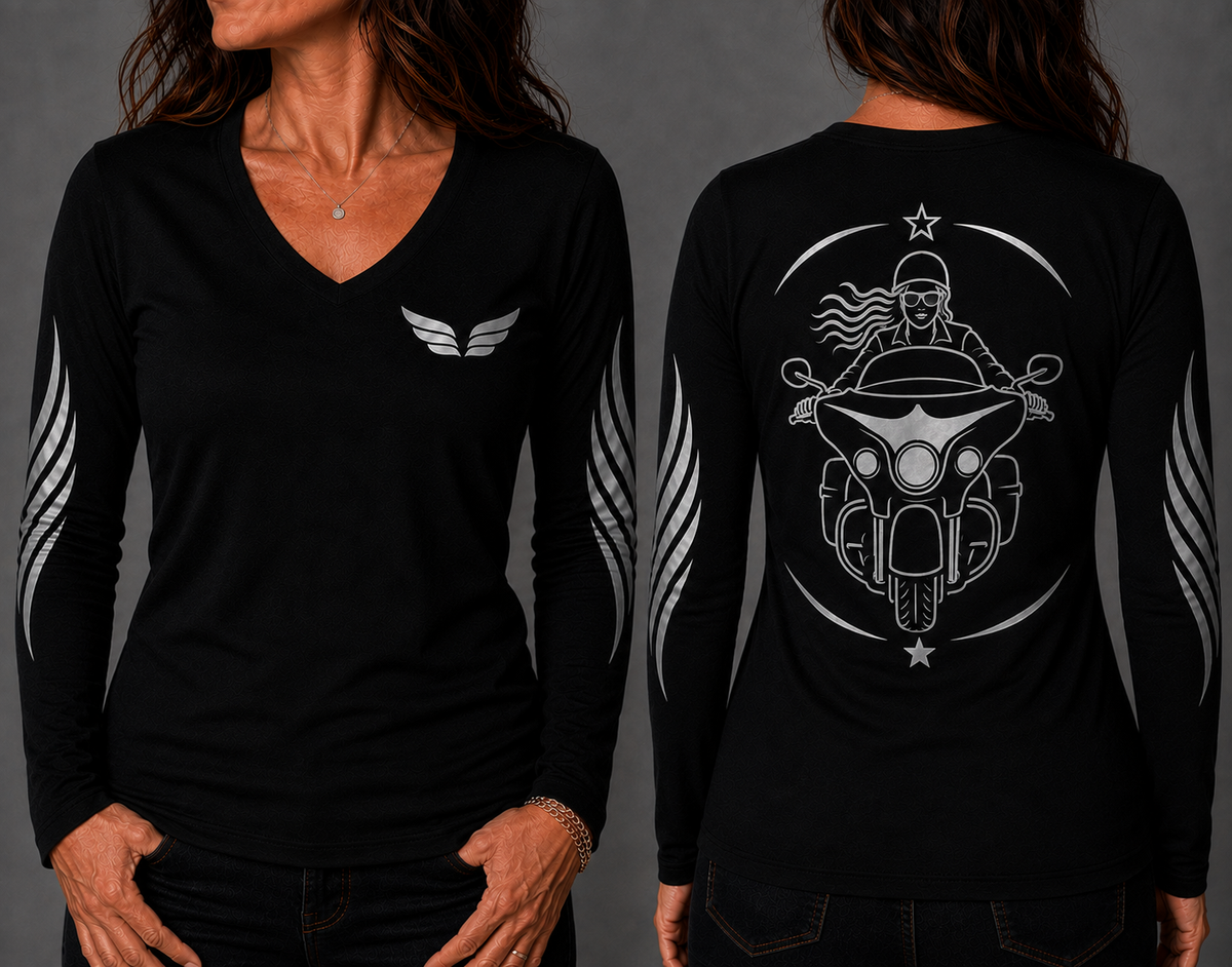 American Spirit black long sleeve reflective tee - front and back with model