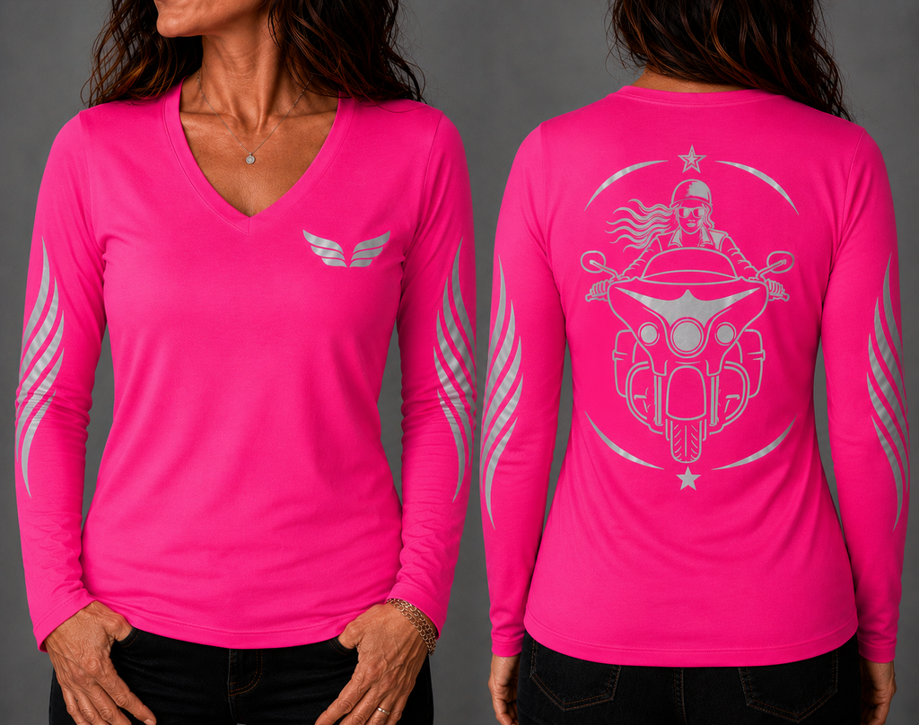 American Spirit neon pink long sleeve reflective tee - front and back with model
