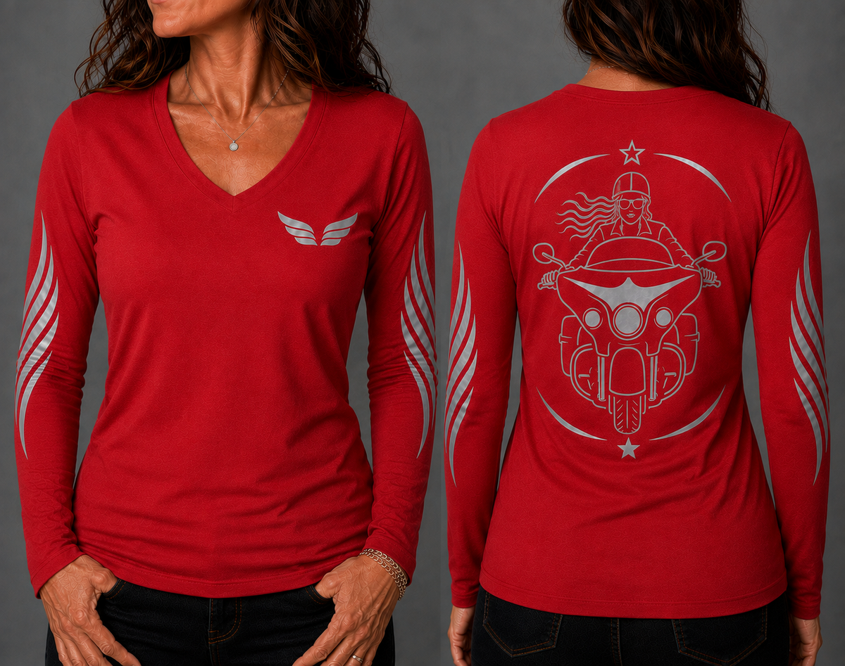American Spirit red long sleeve reflective tee - front and back with model