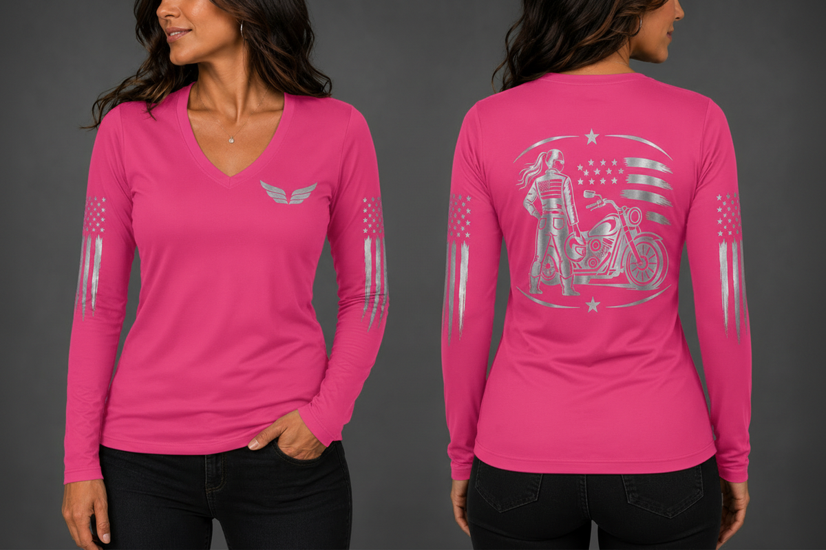 Freedom Machine hot pink long sleeve reflective tee - front and back