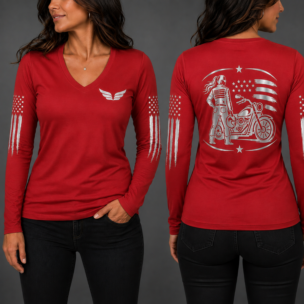 Freedom Machine red long sleeve reflective tee - front and back