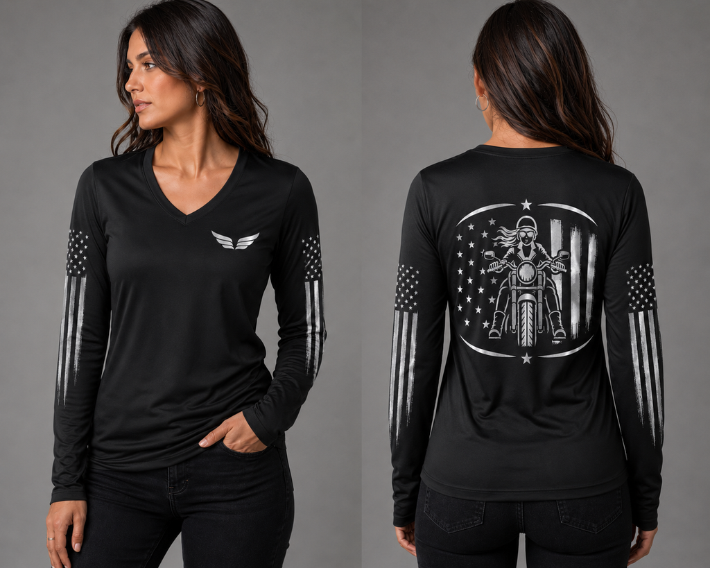 American Thunder black long sleeve reflective tee - front and back with model