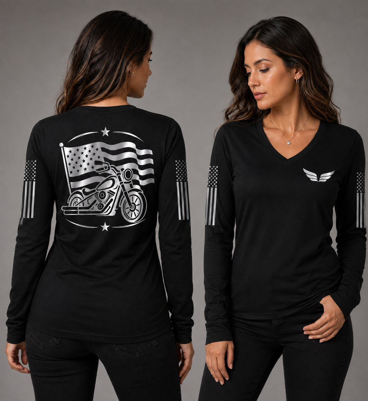 Iron Legacy black long sleeve reflective tee - front and back with model