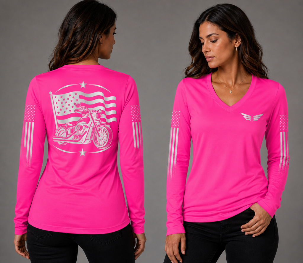 Iron Legacy neon pink long sleeve reflective tee - front and back with model