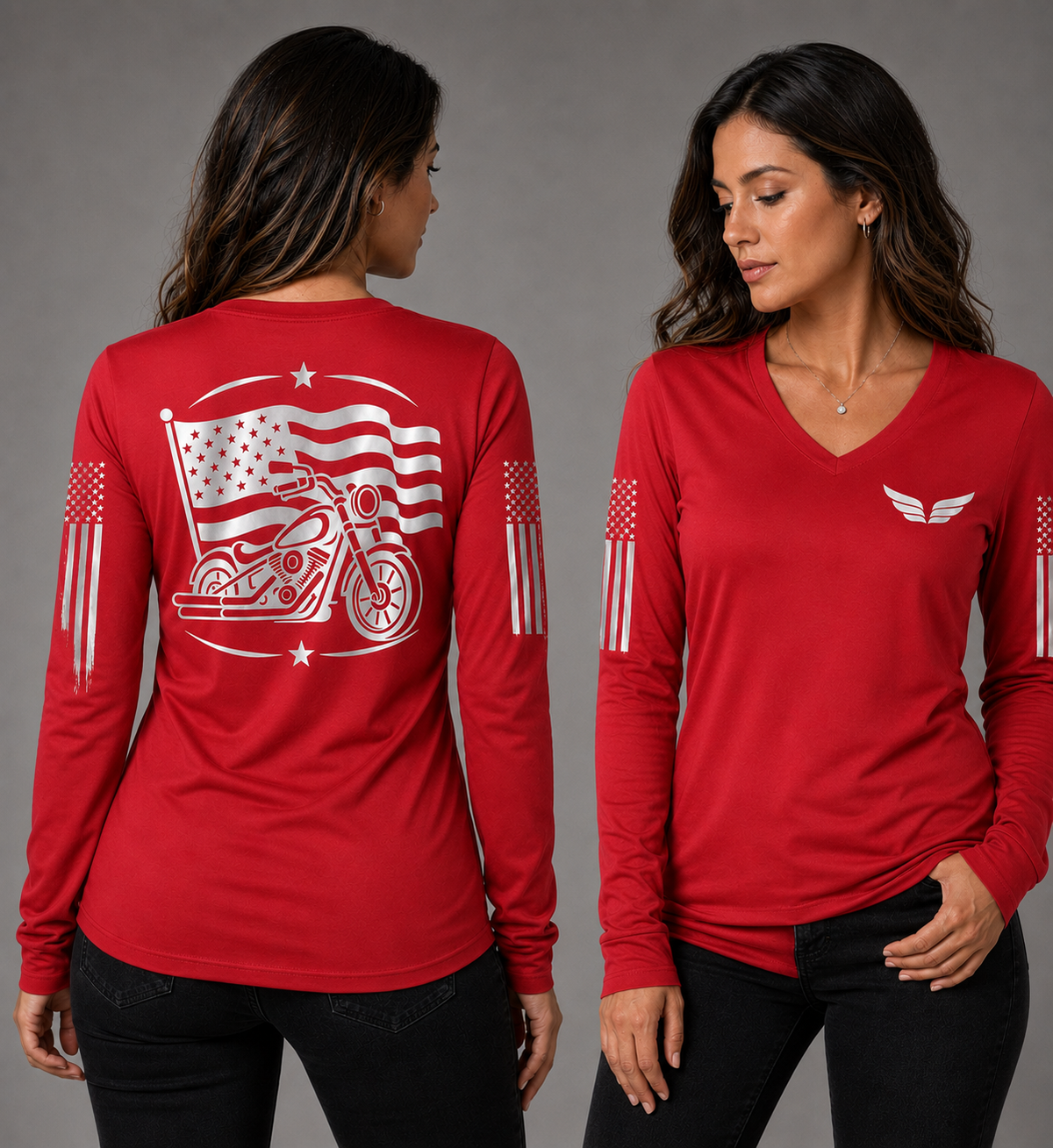 Iron Legacy red long sleeve reflective tee - front and back with model
