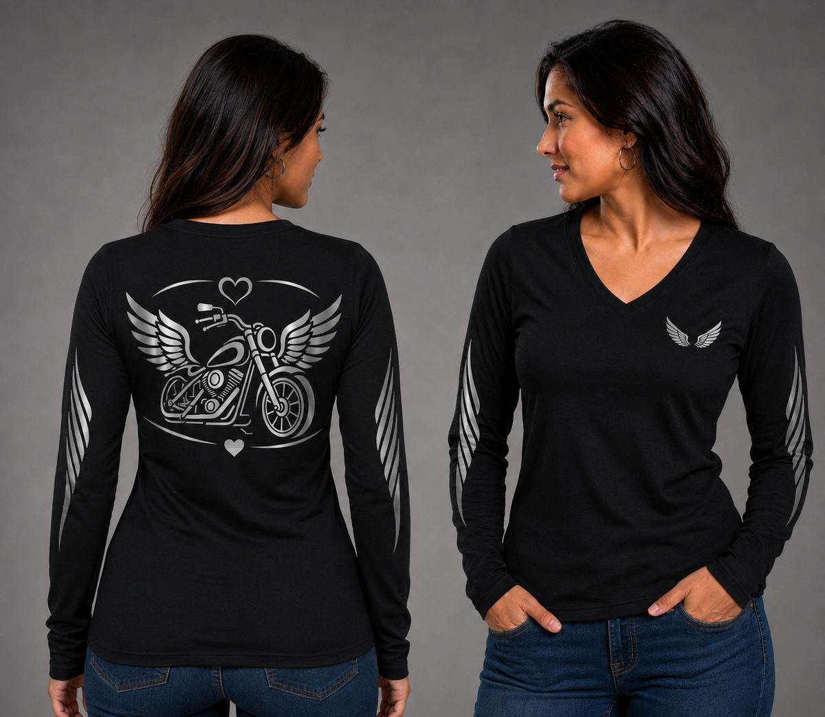 Steel Wings black long sleeve reflective tee - front and back with model