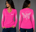 Steel Wings neon pink long sleeve reflective tee - front and back with model