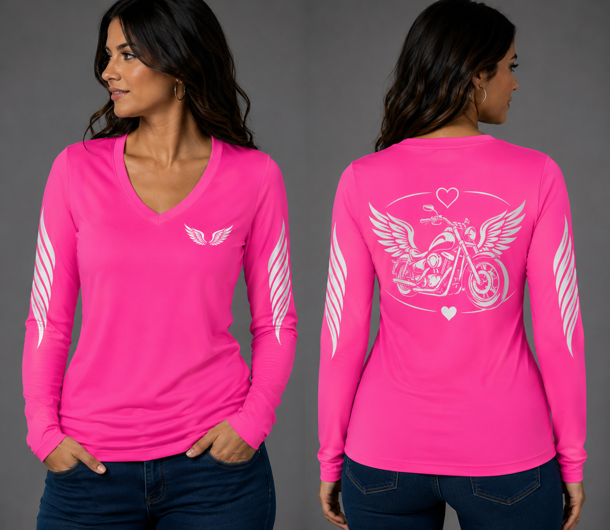 Steel Wings neon pink long sleeve reflective tee - front and back with model