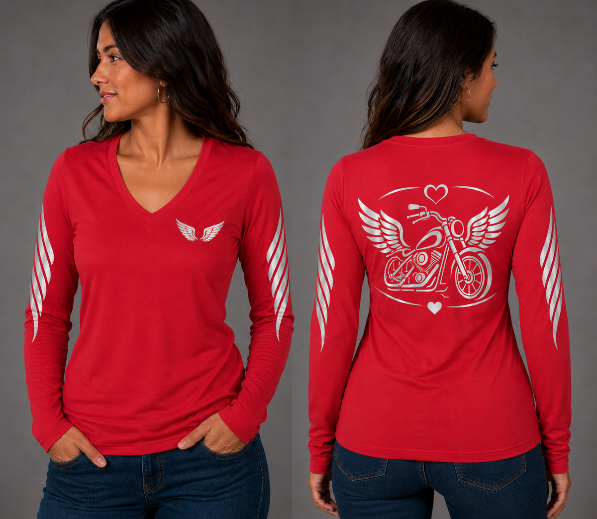 Steel Wings red long sleeve reflective tee - front and back with model