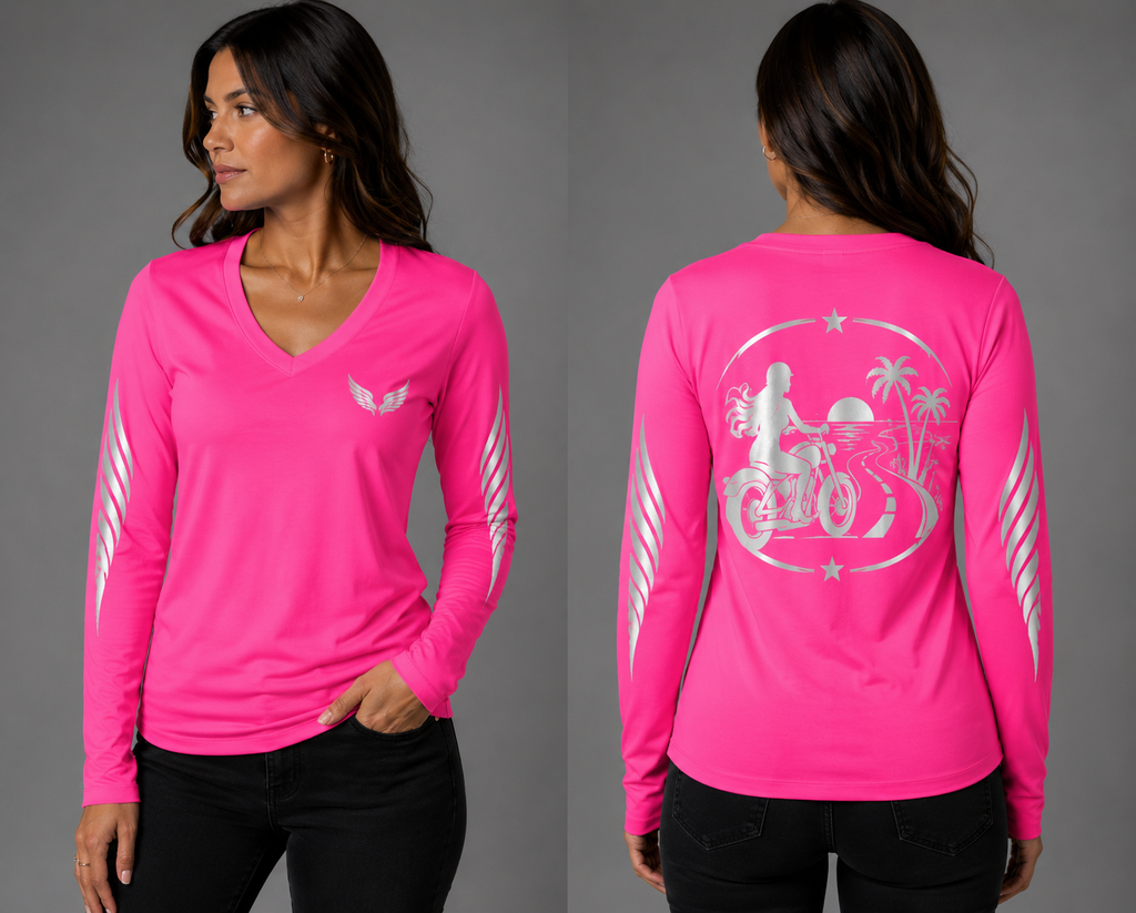Endless Miles neon pink long sleeve reflective tee - front and back with model